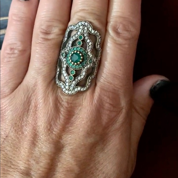 Long Emerald Topaz Silver Antique Style Ring Size 8 - Picture 4 of 6